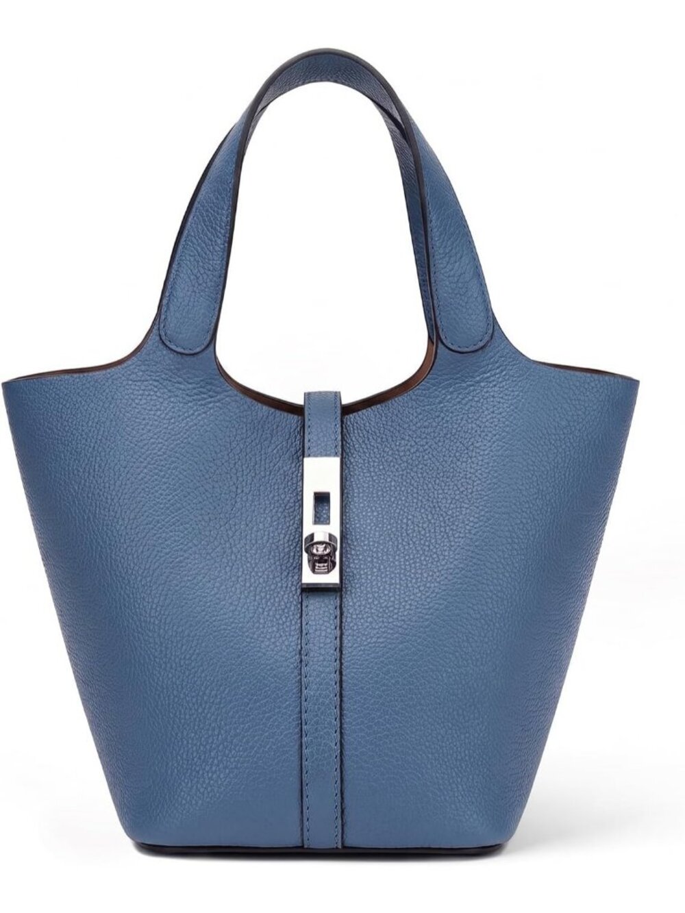 Women's Light Blue Vegan Leather Satchel Tote Handle Lock Design Bucket Purse